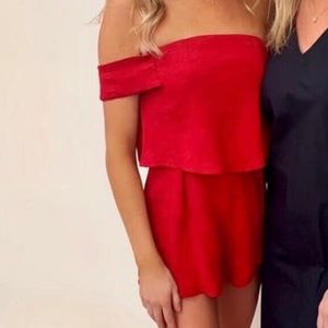 Peppermayo Red Off the Shoulder Romper Velvet